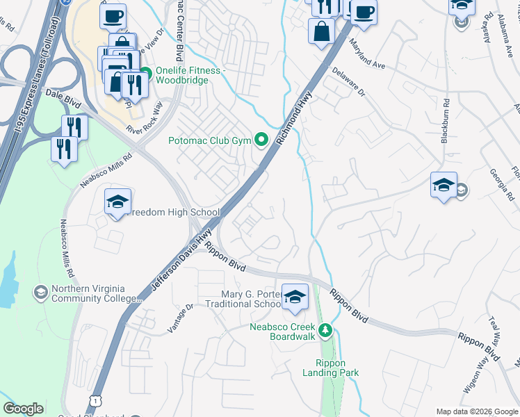 map of restaurants, bars, coffee shops, grocery stores, and more near 2170 Sentry Falls Way in Woodbridge