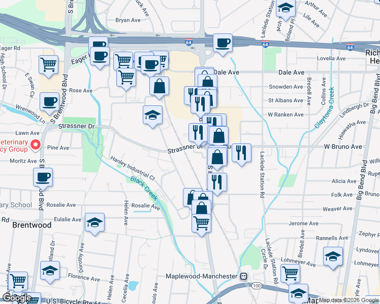 map of restaurants, bars, coffee shops, grocery stores, and more near 1270 Strassner Drive in Brentwood