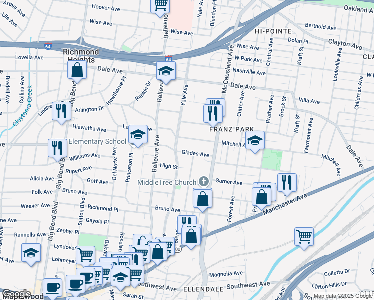 map of restaurants, bars, coffee shops, grocery stores, and more near 7117 Glades Avenue in Richmond Heights