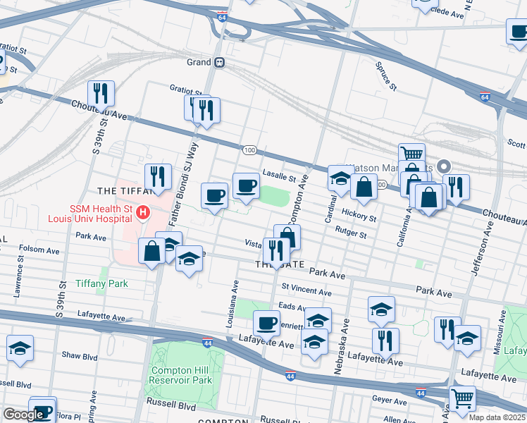 map of restaurants, bars, coffee shops, grocery stores, and more near 3320 Rutger Street in St. Louis