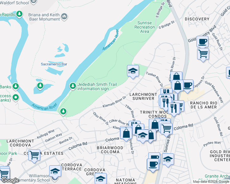 map of restaurants, bars, coffee shops, grocery stores, and more near 11025 Orleans River Court in Rancho Cordova