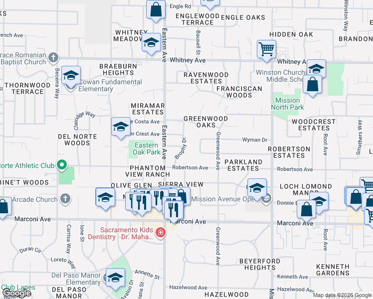 map of restaurants, bars, coffee shops, grocery stores, and more near 4429 Wyman Drive in Sacramento