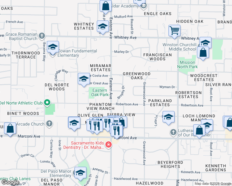 map of restaurants, bars, coffee shops, grocery stores, and more near 3111 Brophy Drive in Sacramento