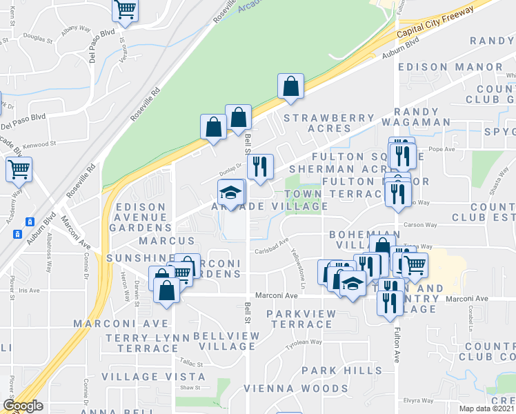 map of restaurants, bars, coffee shops, grocery stores, and more near 3060 Bell Street in Sacramento