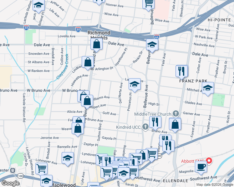 map of restaurants, bars, coffee shops, grocery stores, and more near 2014 Del Norte Avenue in Richmond Heights