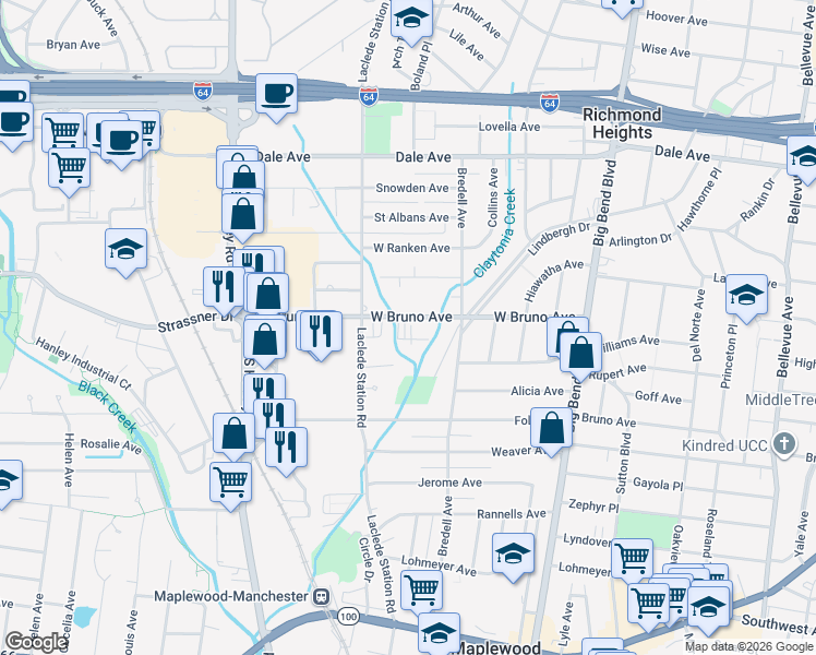map of restaurants, bars, coffee shops, grocery stores, and more near 7796 West Bruno Avenue in St. Louis