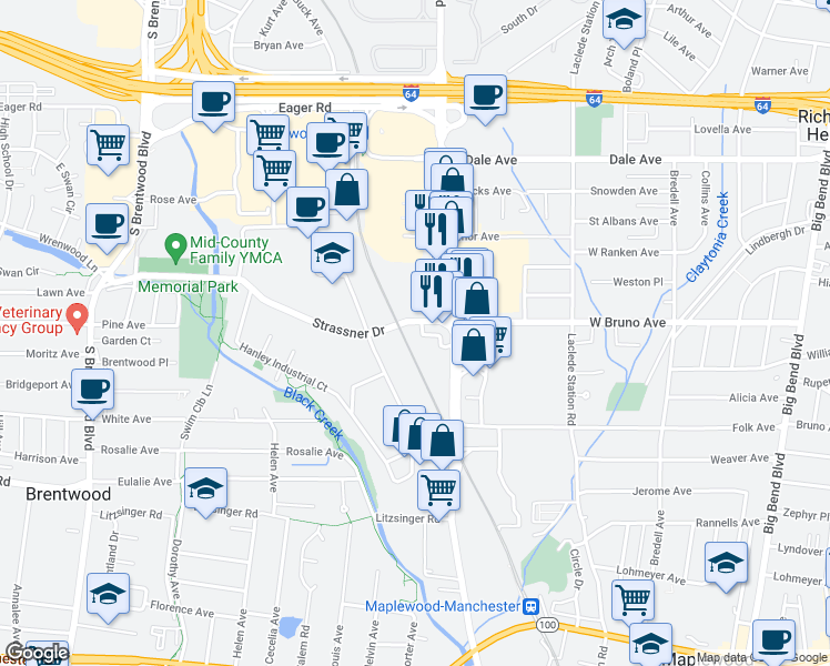 map of restaurants, bars, coffee shops, grocery stores, and more near 1270 Strassner Drive in Brentwood