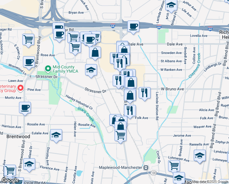 map of restaurants, bars, coffee shops, grocery stores, and more near 1270 Strassner Drive in Brentwood
