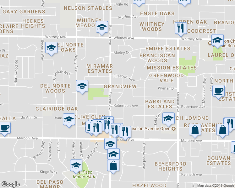 map of restaurants, bars, coffee shops, grocery stores, and more near 4312 Willara Way in Sacramento