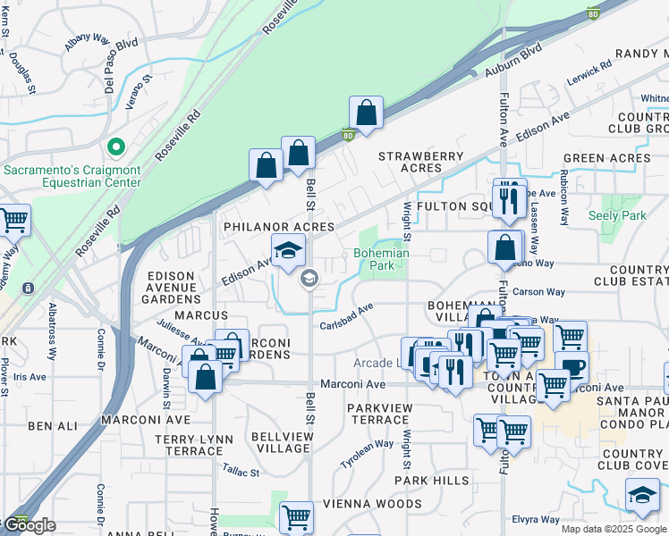 map of restaurants, bars, coffee shops, grocery stores, and more near 2318 Church Avenue in Sacramento