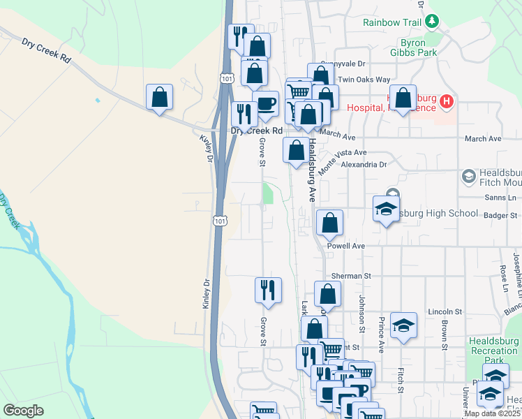 map of restaurants, bars, coffee shops, grocery stores, and more near 992 Grove Street in Healdsburg