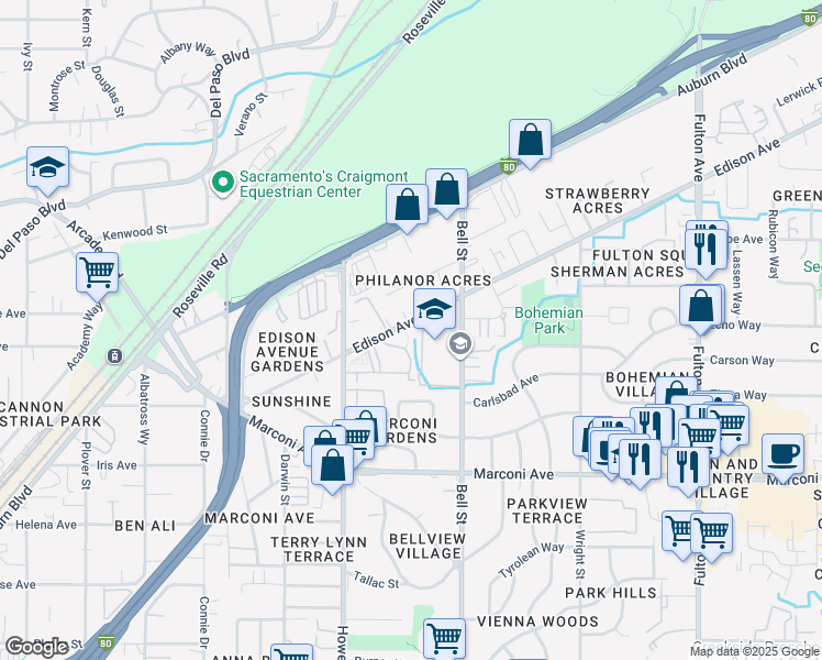 map of restaurants, bars, coffee shops, grocery stores, and more near 2228 Edison Avenue in Sacramento