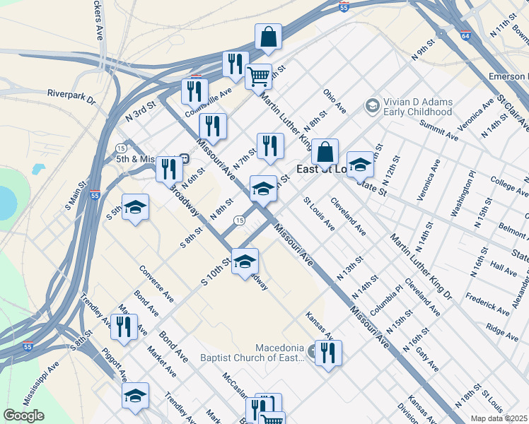 map of restaurants, bars, coffee shops, grocery stores, and more near in East St. Louis