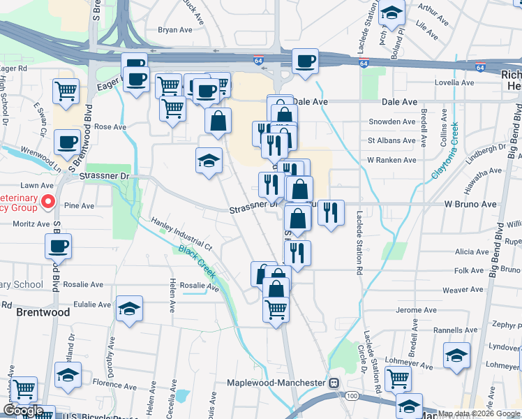 map of restaurants, bars, coffee shops, grocery stores, and more near 1270 Strassner Drive in Brentwood