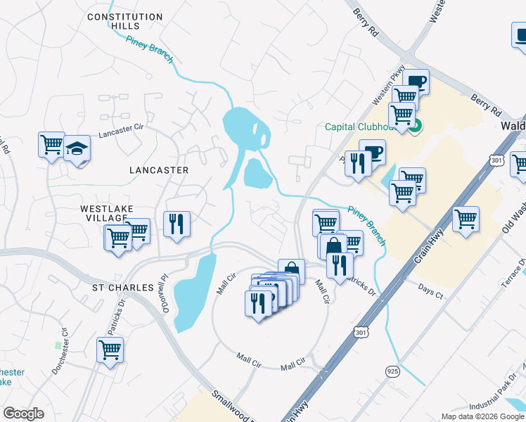 map of restaurants, bars, coffee shops, grocery stores, and more near 11080 Weymouth Court in Waldorf
