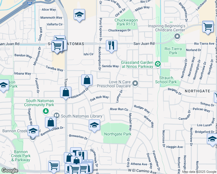 map of restaurants, bars, coffee shops, grocery stores, and more near 1330 Pebblewood Drive in Sacramento