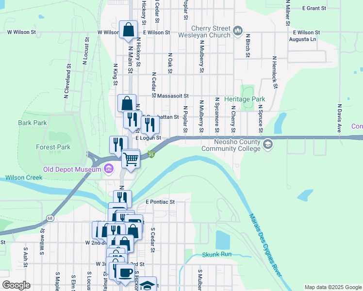 map of restaurants, bars, coffee shops, grocery stores, and more near 428 North Poplar Street in Ottawa