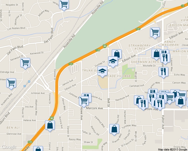 map of restaurants, bars, coffee shops, grocery stores, and more near 2228 Edison Avenue in Sacramento