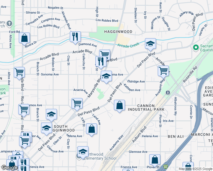 map of restaurants, bars, coffee shops, grocery stores, and more near 1418 Palo Verde Avenue in Sacramento