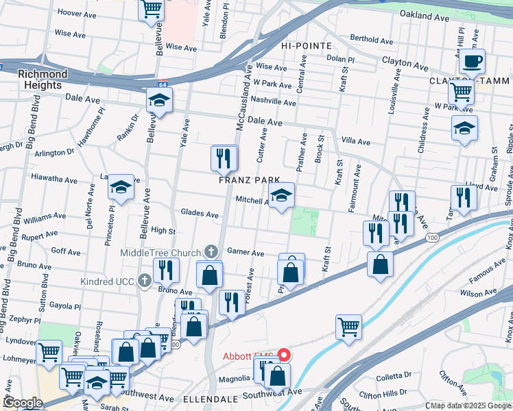 map of restaurants, bars, coffee shops, grocery stores, and more near 1920 Forest Avenue in St. Louis