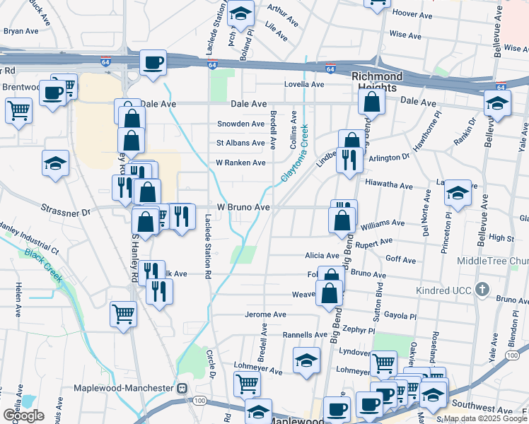 map of restaurants, bars, coffee shops, grocery stores, and more near 7784 West Bruno Avenue in St. Louis