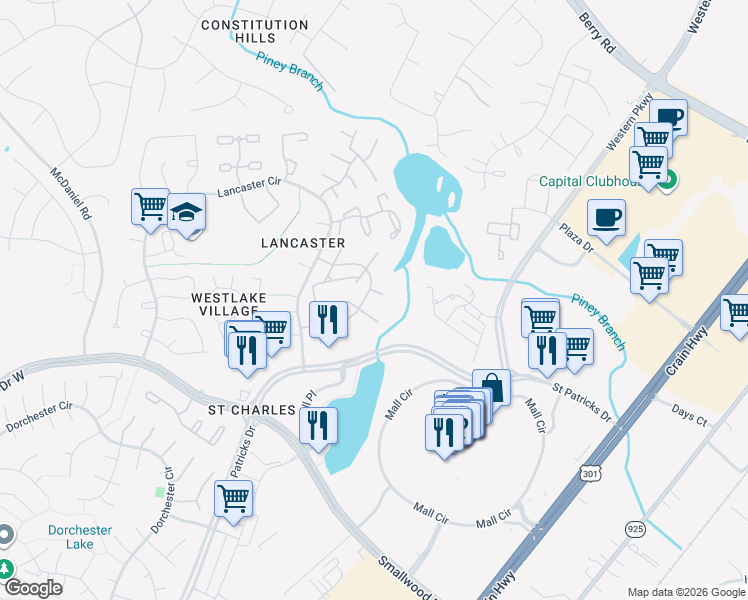 map of restaurants, bars, coffee shops, grocery stores, and more near 4110 Bluebird Drive in Waldorf