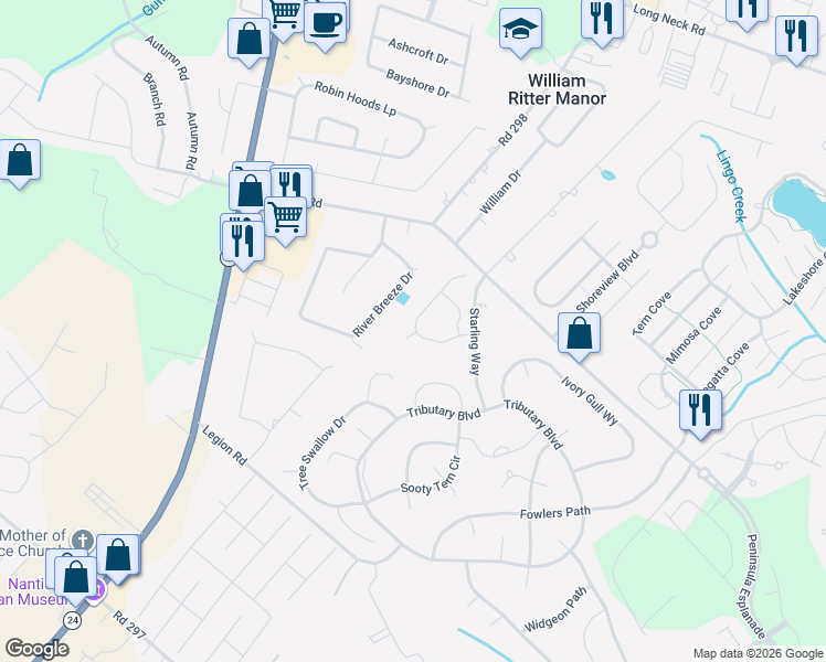 map of restaurants, bars, coffee shops, grocery stores, and more near 25315 Razorbill Court in Long Neck