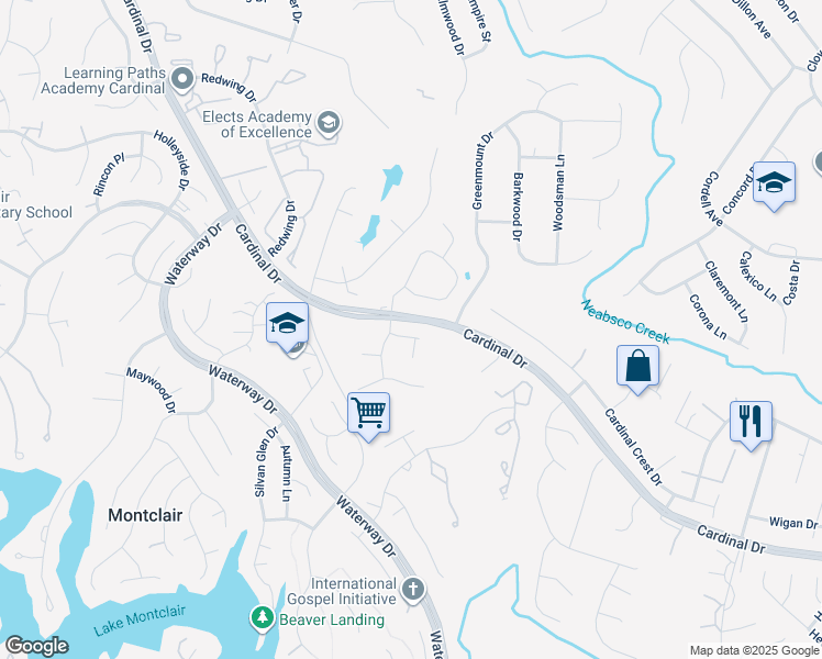 map of restaurants, bars, coffee shops, grocery stores, and more near 4304 Walsh Way in Woodbridge
