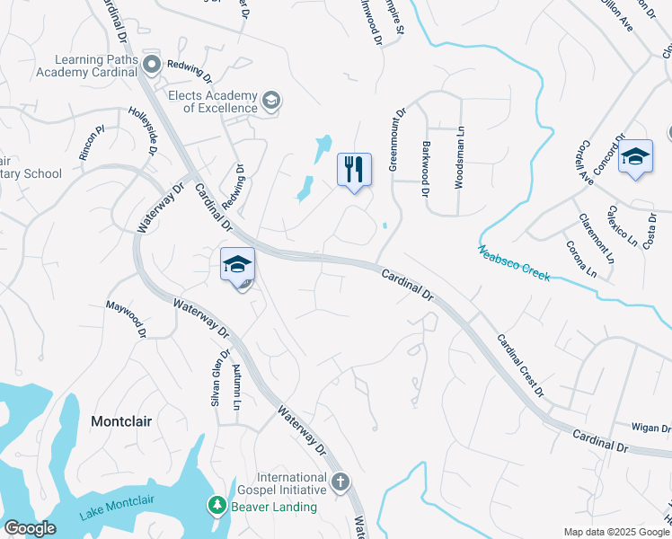map of restaurants, bars, coffee shops, grocery stores, and more near 4308 Walsh Way in Woodbridge