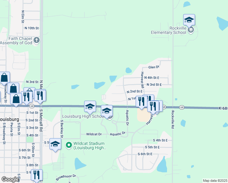 map of restaurants, bars, coffee shops, grocery stores, and more near 905 North 2nd Street East in Louisburg