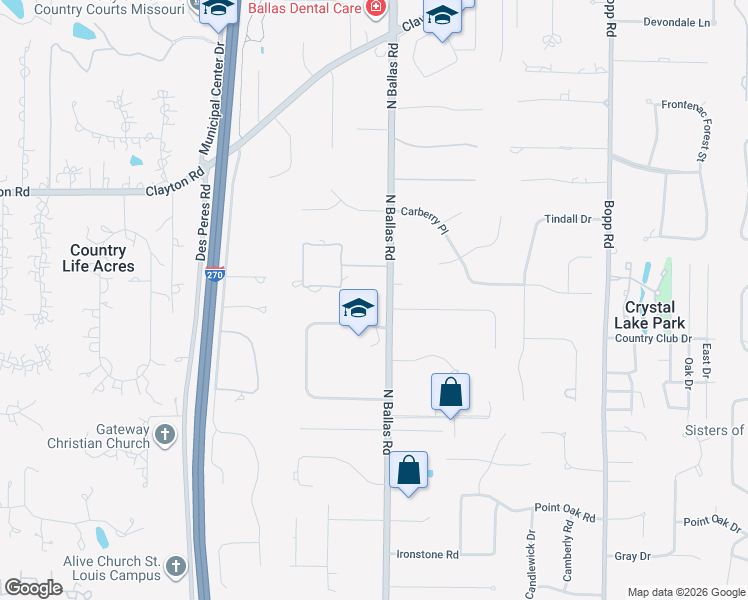 map of restaurants, bars, coffee shops, grocery stores, and more near 2209 North Ballas Road in St. Louis