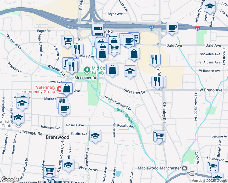 map of restaurants, bars, coffee shops, grocery stores, and more near 643 Hanley Industrial Ct in St Louis