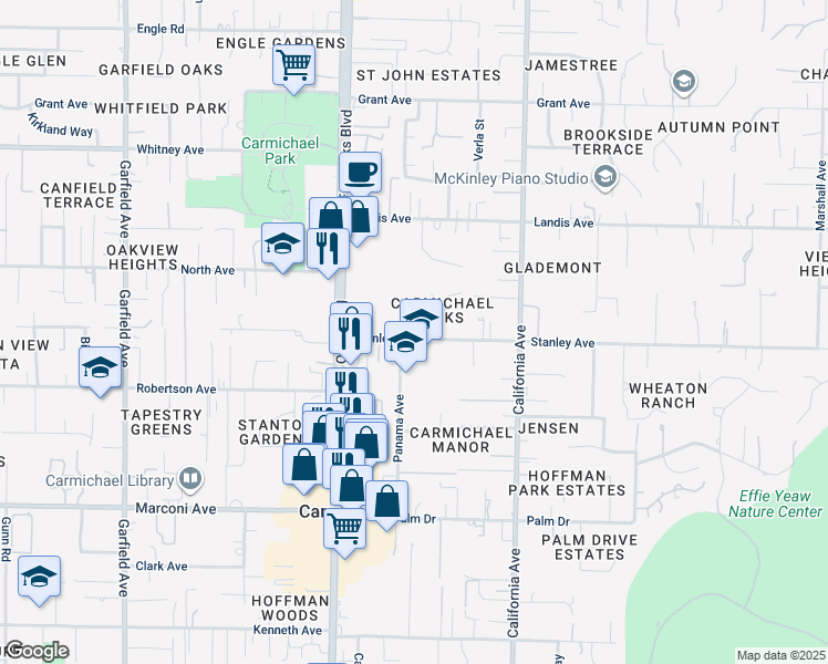 map of restaurants, bars, coffee shops, grocery stores, and more near 6009 Stanley Avenue in Carmichael