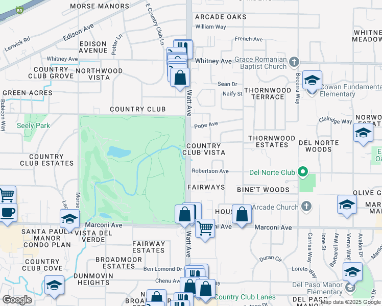 map of restaurants, bars, coffee shops, grocery stores, and more near 3464 El Camino Avenue in Sacramento