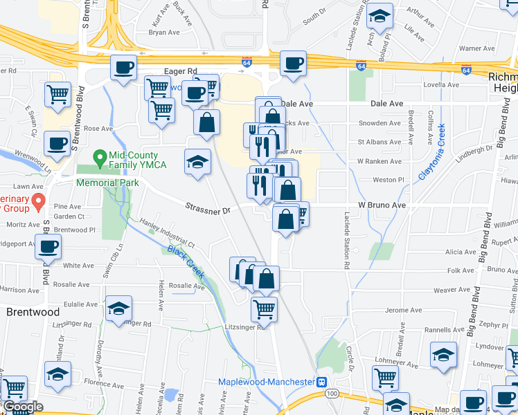 map of restaurants, bars, coffee shops, grocery stores, and more near 1270 Strassner Drive in Brentwood