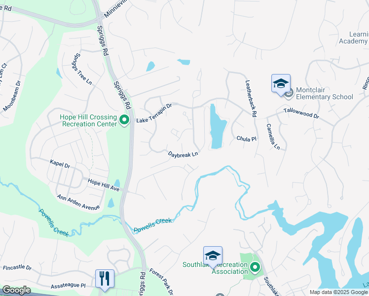 map of restaurants, bars, coffee shops, grocery stores, and more near 15217 Muddy Creek Court in Woodbridge