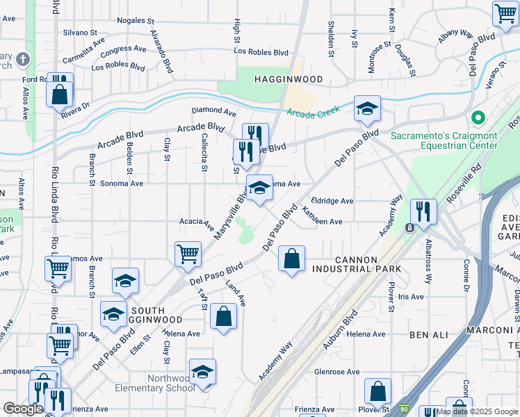 map of restaurants, bars, coffee shops, grocery stores, and more near 1418 Palo Verde Avenue in Sacramento