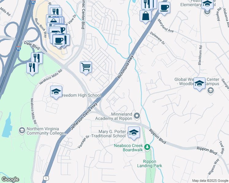 map of restaurants, bars, coffee shops, grocery stores, and more near Beacon Ridge Drive in Woodbridge