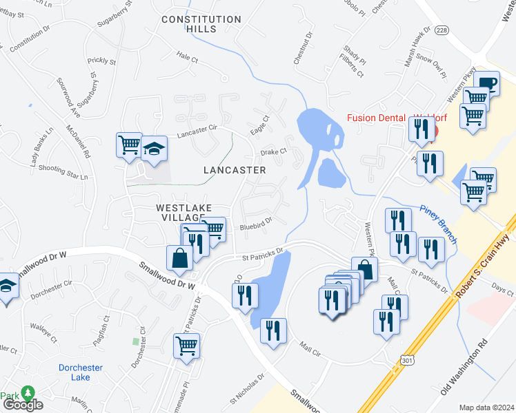 map of restaurants, bars, coffee shops, grocery stores, and more near 4072 Bluebird Drive in Waldorf