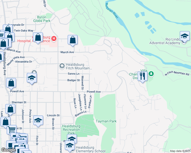 map of restaurants, bars, coffee shops, grocery stores, and more near 524 Jachetta Court in Healdsburg