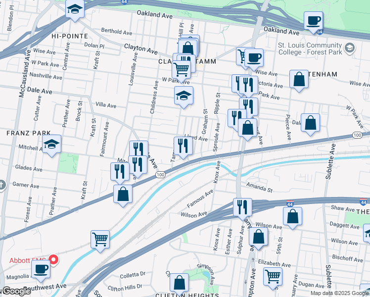 map of restaurants, bars, coffee shops, grocery stores, and more near 1527 Gregg Avenue in St. Louis