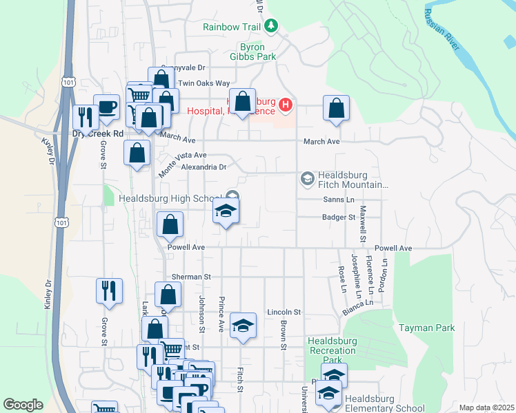 map of restaurants, bars, coffee shops, grocery stores, and more near 1024 Prince Avenue in Healdsburg