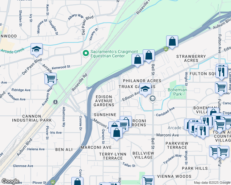 map of restaurants, bars, coffee shops, grocery stores, and more near 2121 Edison Avenue in Sacramento
