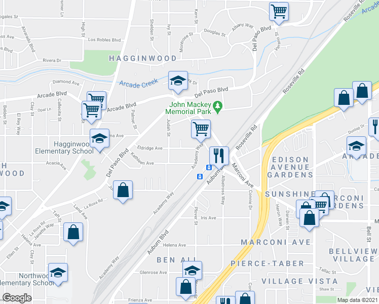 map of restaurants, bars, coffee shops, grocery stores, and more near 1728 Kathleen Avenue in Sacramento