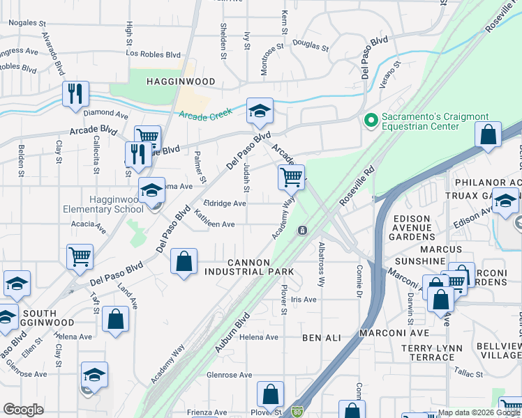 map of restaurants, bars, coffee shops, grocery stores, and more near 1728 Kathleen Avenue in Sacramento