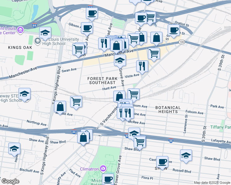 map of restaurants, bars, coffee shops, grocery stores, and more near 1501 South Vandeventer Avenue in St. Louis