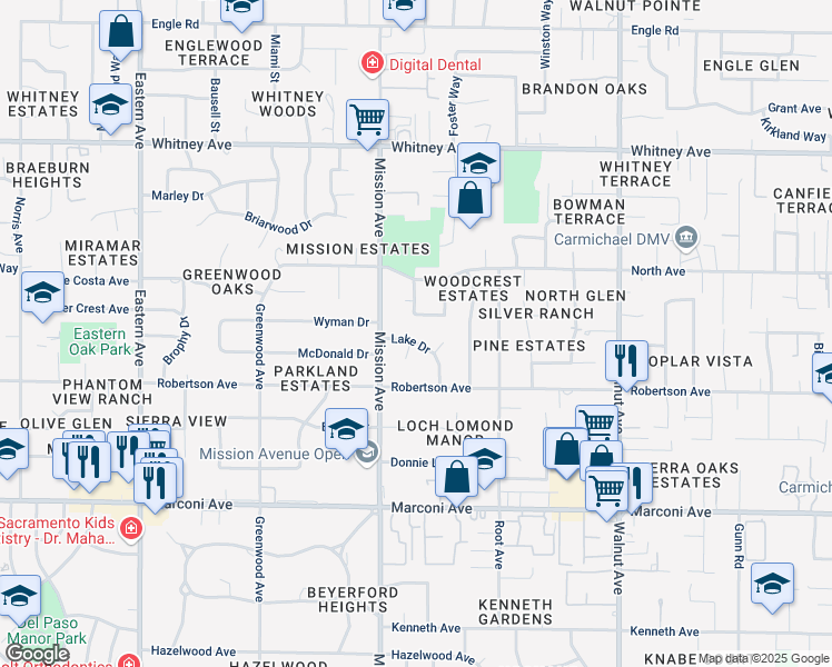 map of restaurants, bars, coffee shops, grocery stores, and more near 3121 Ozzie Court in Carmichael