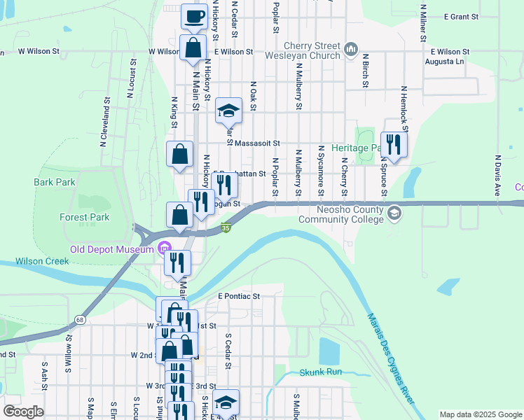 map of restaurants, bars, coffee shops, grocery stores, and more near 428 North Poplar Street in Ottawa