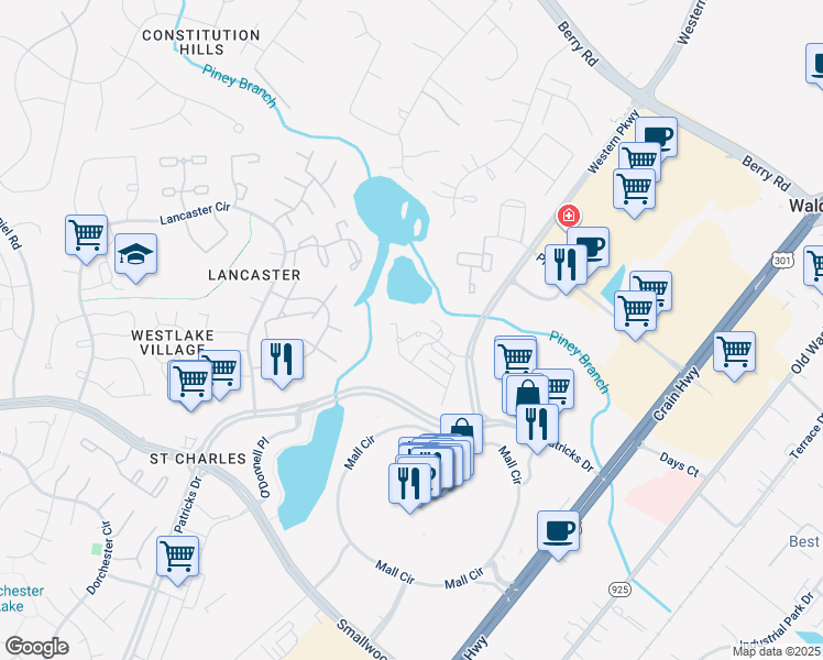 map of restaurants, bars, coffee shops, grocery stores, and more near 11080 Weymouth Court in Waldorf