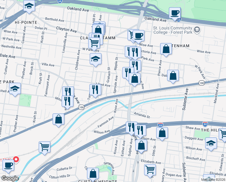 map of restaurants, bars, coffee shops, grocery stores, and more near 1517 Sproule Avenue in St. Louis